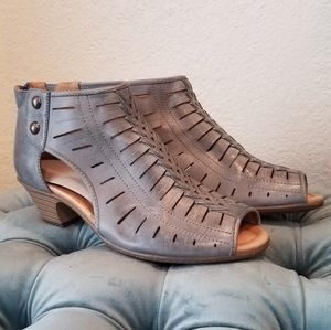 Leather Earth peep-toe booties in cornflower blue